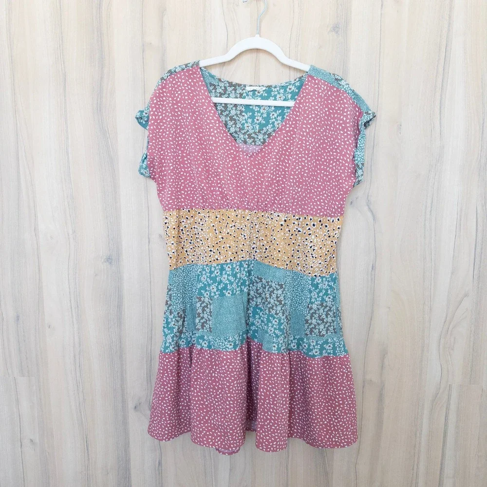 Kori Floral Parchwork Mini Dress Medium Multicolor Tiered Boho Cottage Summer - Picture 2 of 9